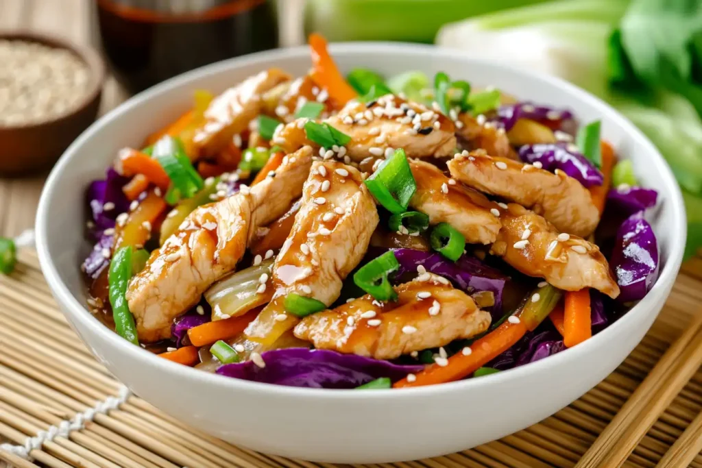 Chicken cabbage stir fry with tender chicken slices, shredded purple cabbage, carrots, and bell peppers in a white bowl.