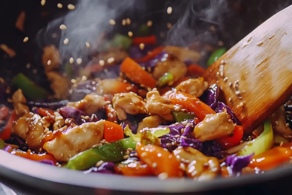 Chicken cabbage stir fry cooking in a wok with green and purple cabbage, carrots, and bell peppers