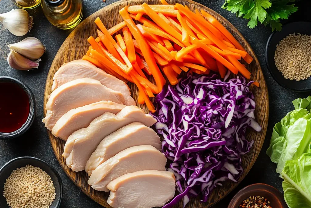 Prepped ingredients for chicken cabbage stir fry, including raw chicken slices, shredded purple cabbage, and julienned carrots.