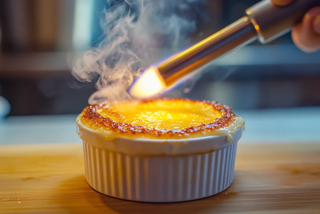 Caramelizing sugar with a kitchen torch on crème brûlée