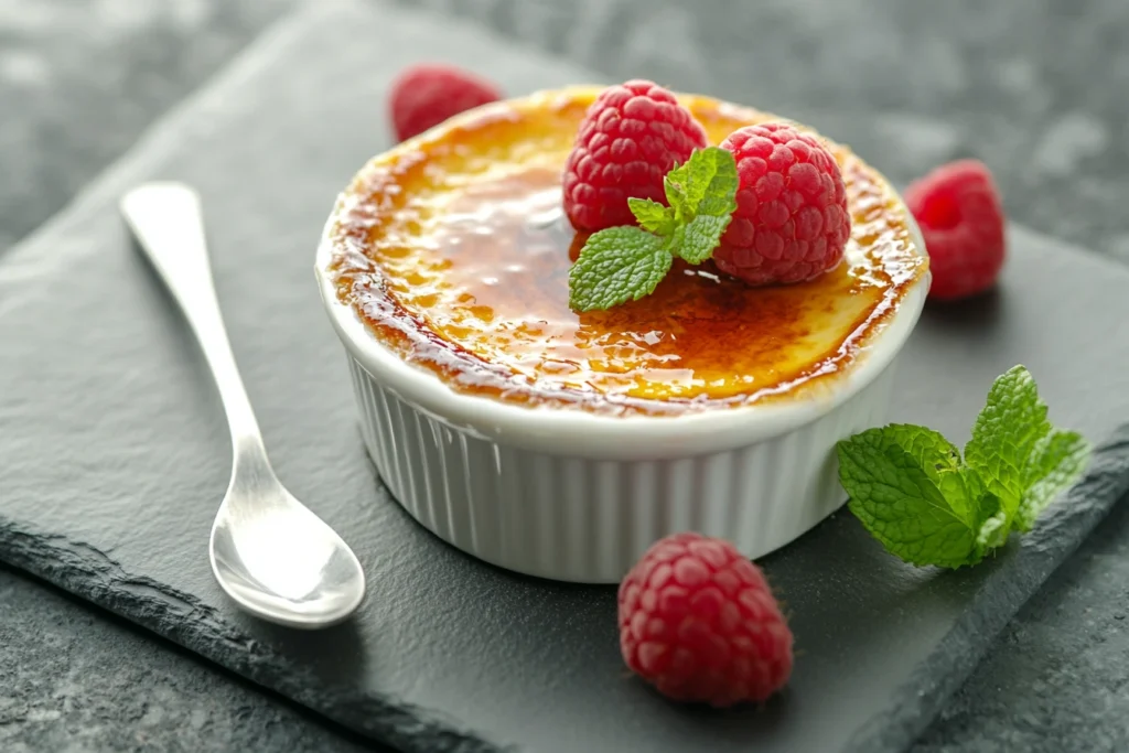 Beautifully plated crème brûlée with raspberries