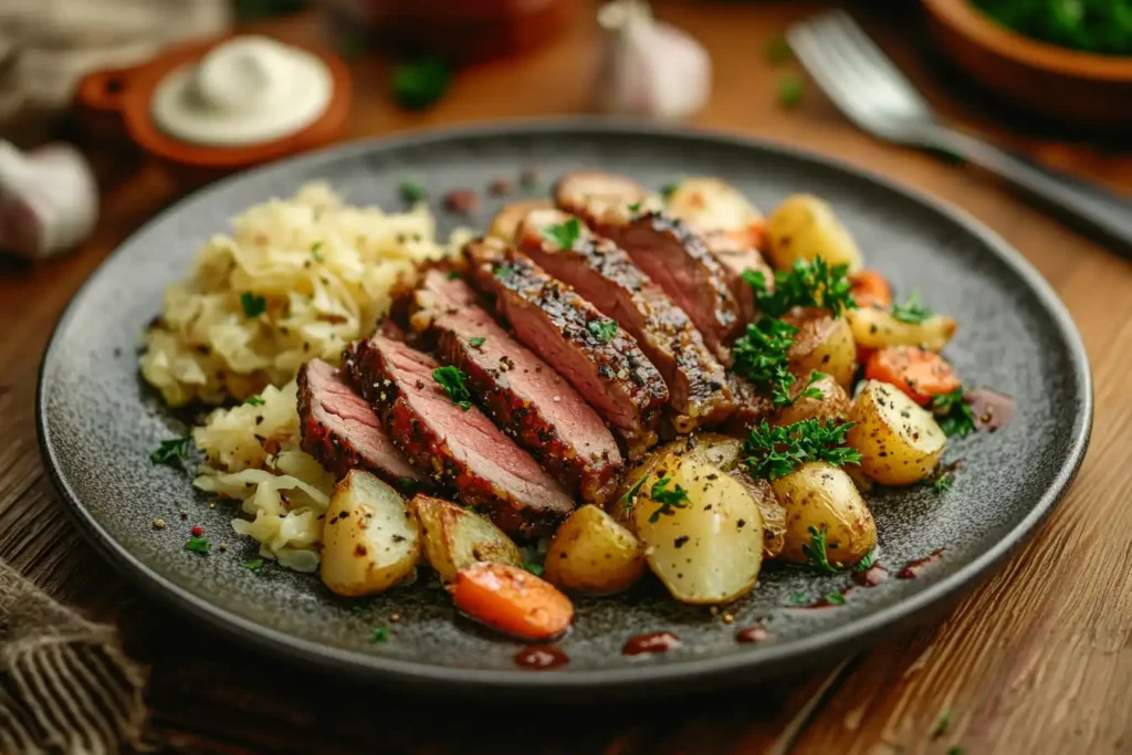 Sliced Instant Pot corned beef served with roasted potatoes, carrots, and cabbage, garnished with fresh parsley