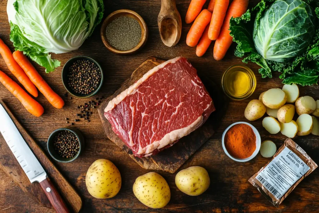 Ingredients for Instant Pot corned beef, including raw brisket, cabbage, carrots, potatoes, spices, and broth on a rustic wooden surface.