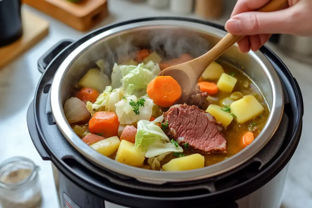 Cooking Instant Pot corned beef with vegetables, including carrots, potatoes, and cabbage, being stirred with a wooden spoon.