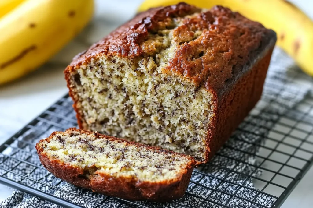 4 ingredient banana bread sliced on a cooling rack