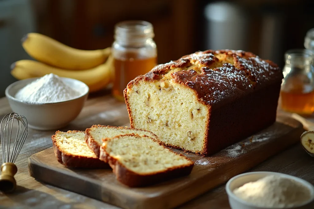 4 ingredient banana bread freshly baked and sliced