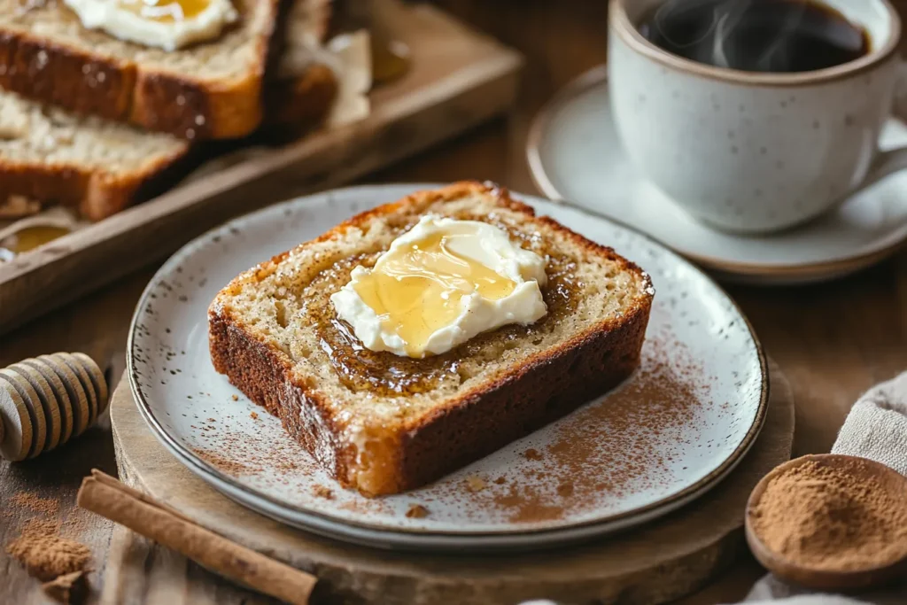 Slice of 4 ingredient banana bread topped with cream and honey