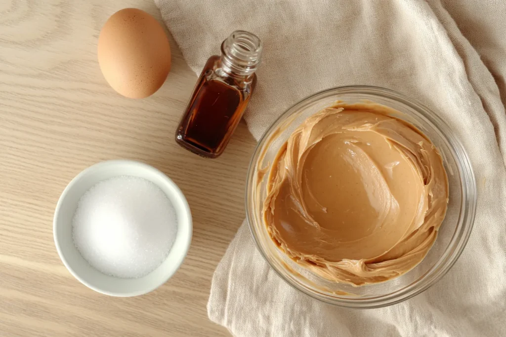 Ingredients for peanut butter cookies on a wooden surface