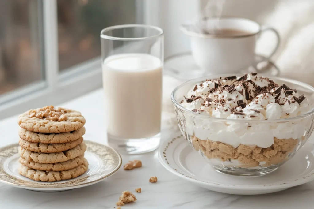 Peanut butter cookies with milk and dessert parfait