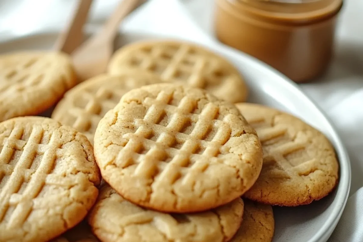 Peanut butter cookies with classic crisscross pattern on a white plate