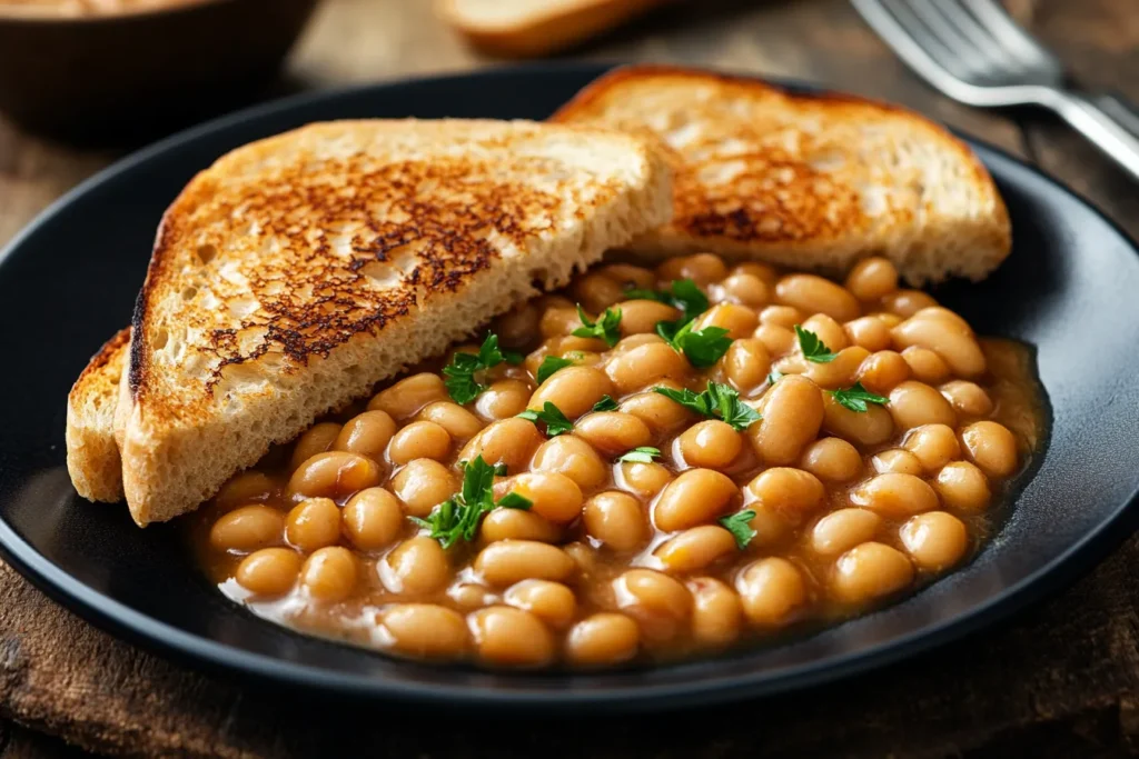 Baked beans recipe served with toasted bread on a black plate.