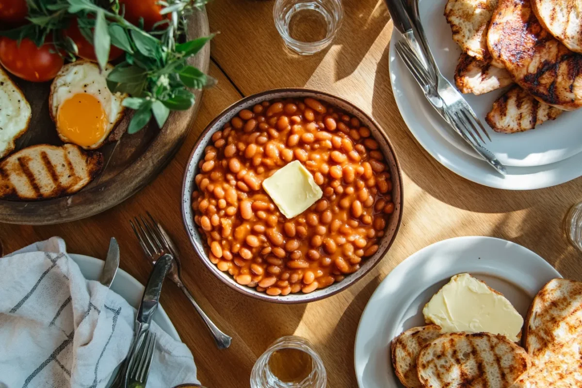 Baked beans recipe with grilled bread, chicken, and eggs.