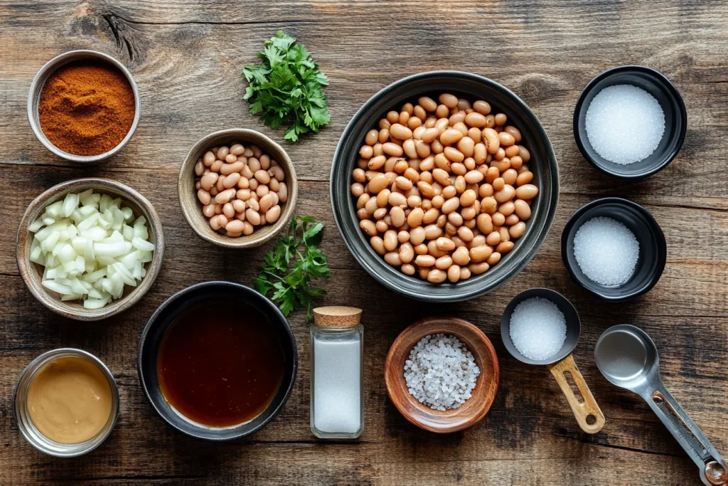 Ingredients for baked beans recipe on a wooden table.