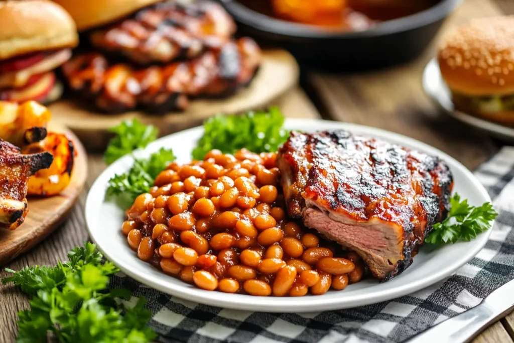 Baked beans recipe served with barbecue ribs and parsley garnish.