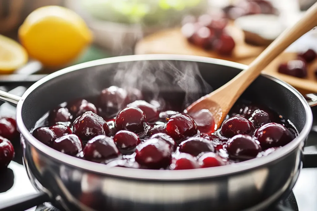 Cooking cherry sauce for cherry cheesecake recipe in a saucepan.