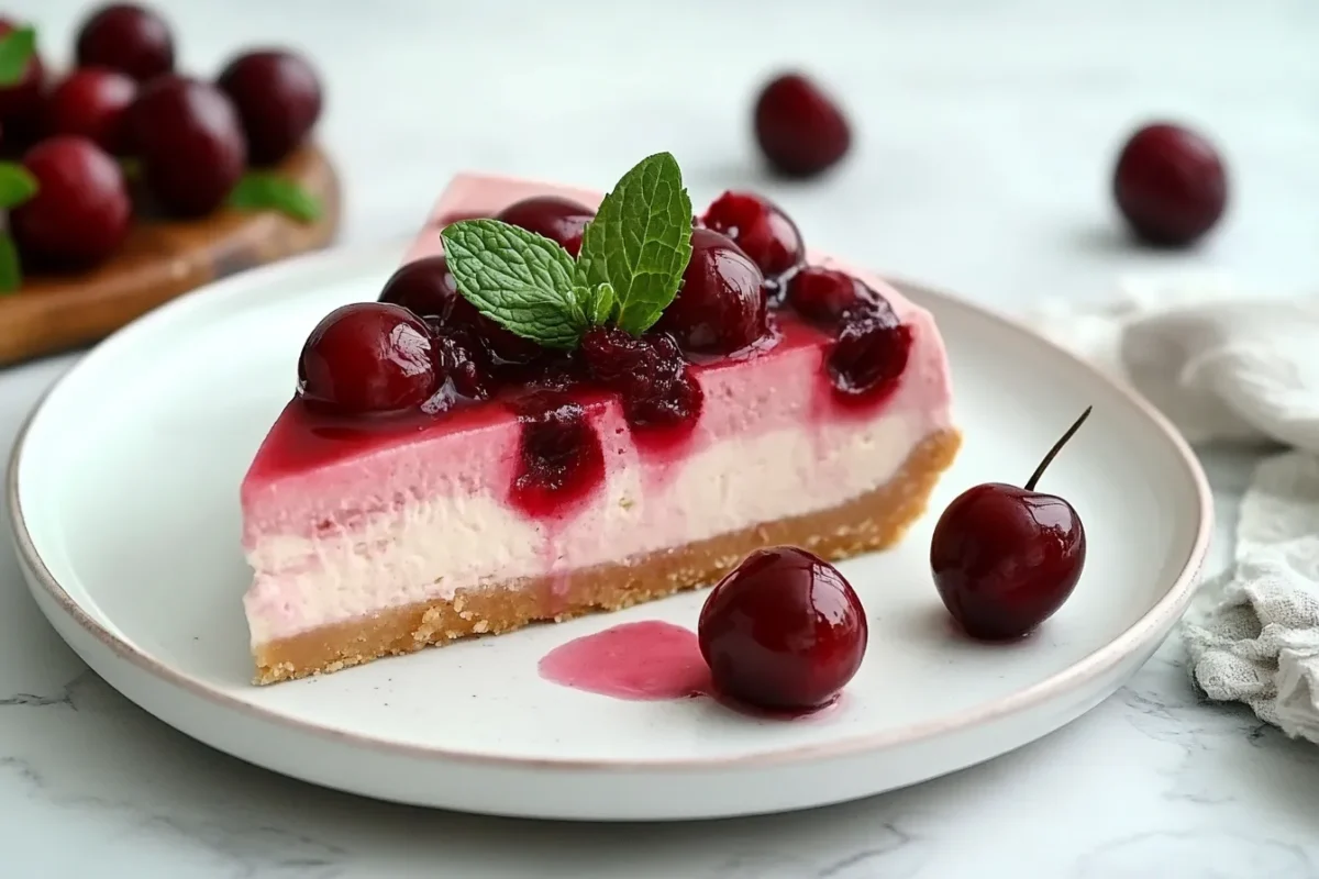 Slice of cherry cheesecake with creamy filling and vibrant cherry topping.