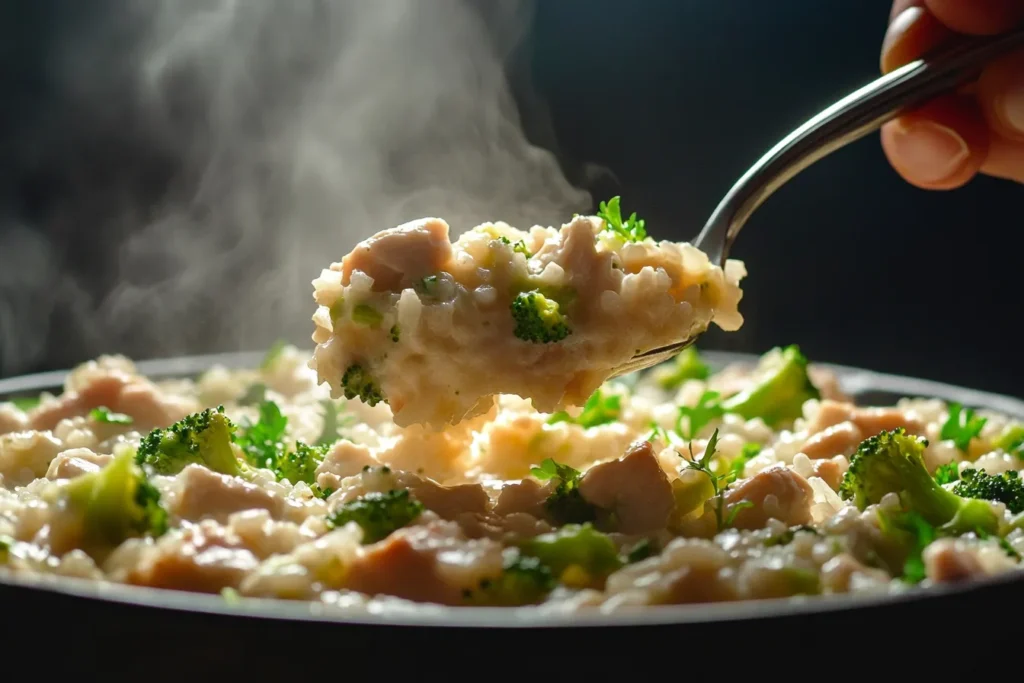 Spoonful of chicken broccoli rice casserole steaming hot.