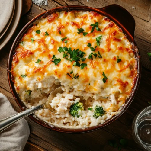 Chicken broccoli rice casserole with melted cheese topping.