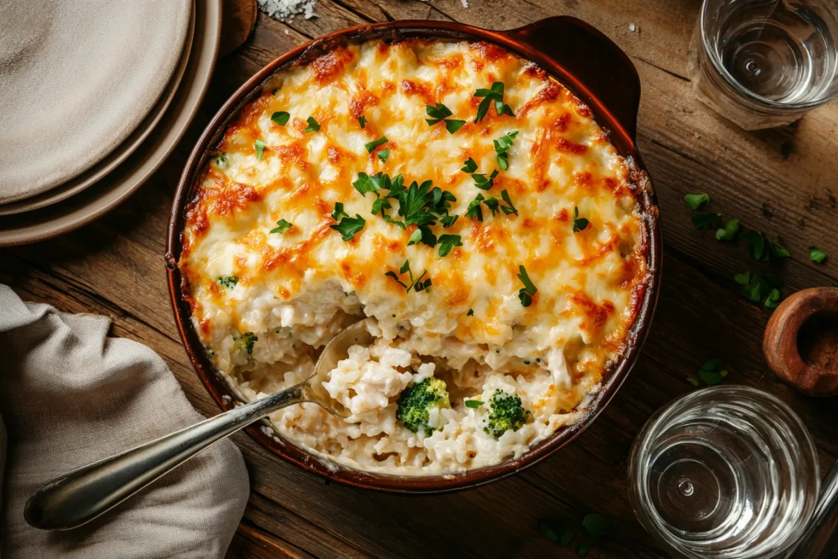 Chicken broccoli rice casserole with melted cheese topping.