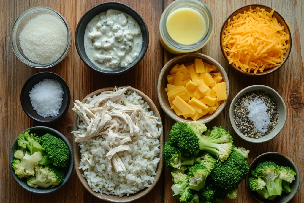 Chicken broccoli rice casserole ingredients arranged on a wooden surface.