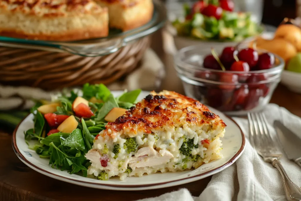 Chicken broccoli rice casserole served with fresh salad and cherries.