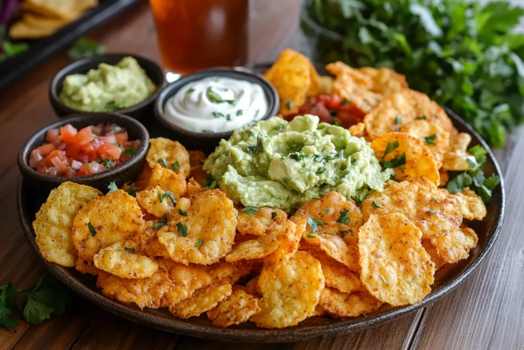 Cottage cheese chips with guacamole and salsa