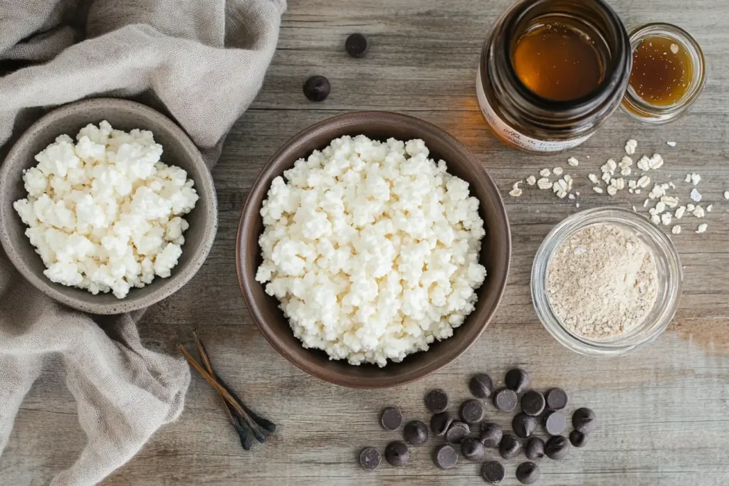 Ingredients for cottage cheese cookie dough, including cottage cheese, oat flour, honey, and chocolate chips.