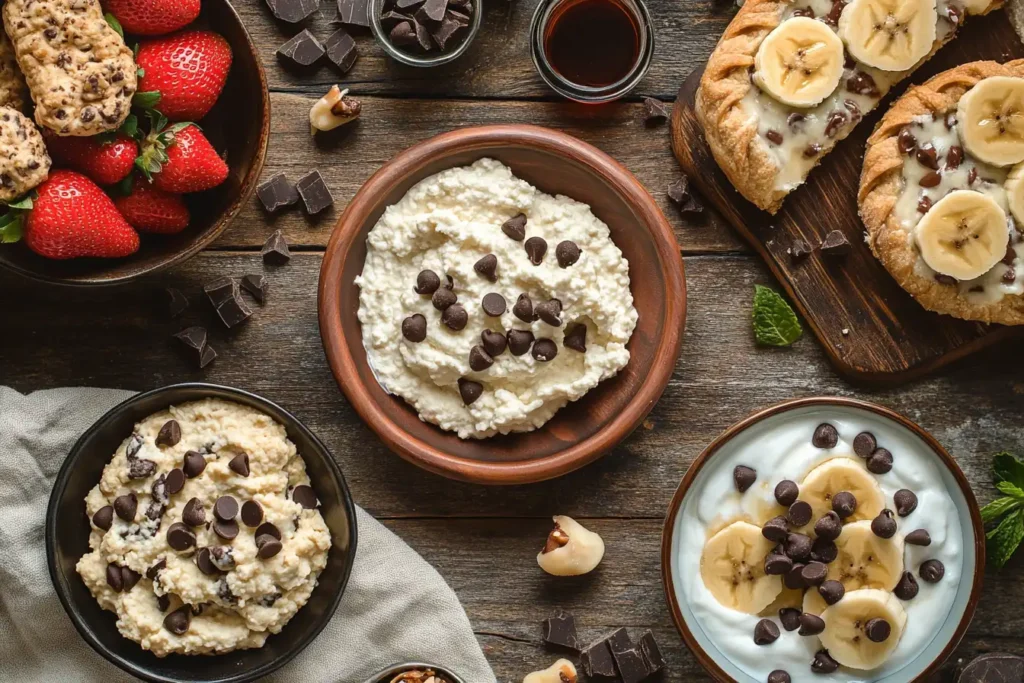 Creative serving ideas for cottage cheese cookie dough with chocolate chips, toast, and yogurt.