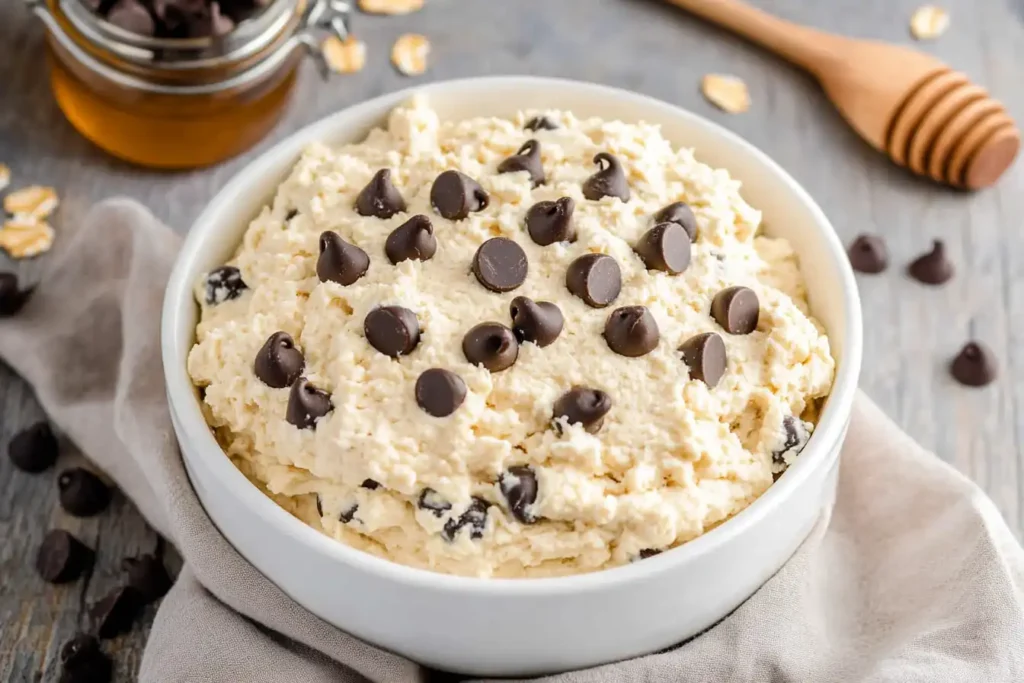 Creamy cottage cheese cookie dough with chocolate chips in a white bowl.