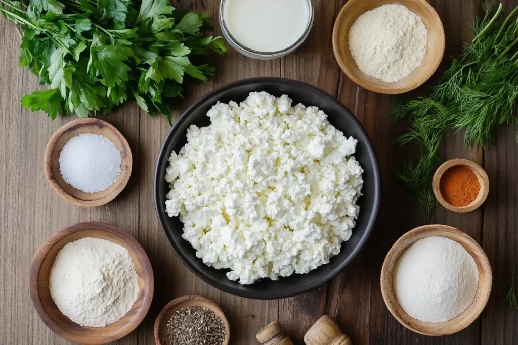 Ingredients for cottage cheese flatbread on a wooden table