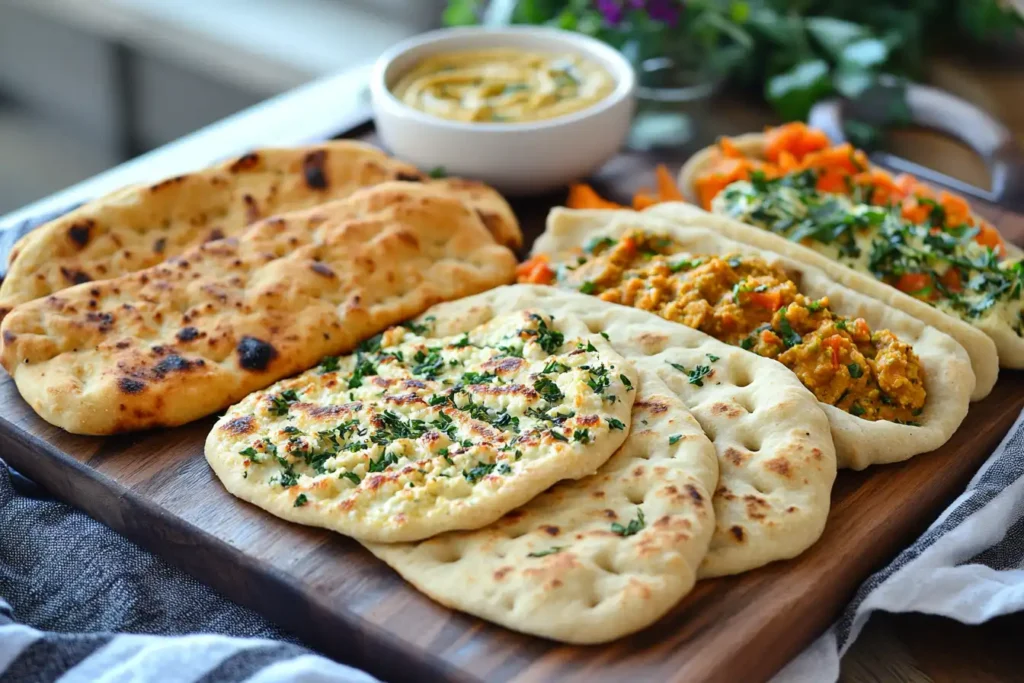 Cottage cheese flatbread served with dips and toppings