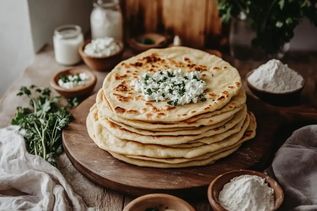 Stack of thin cottage cheese flatbread with fresh parsley garnish