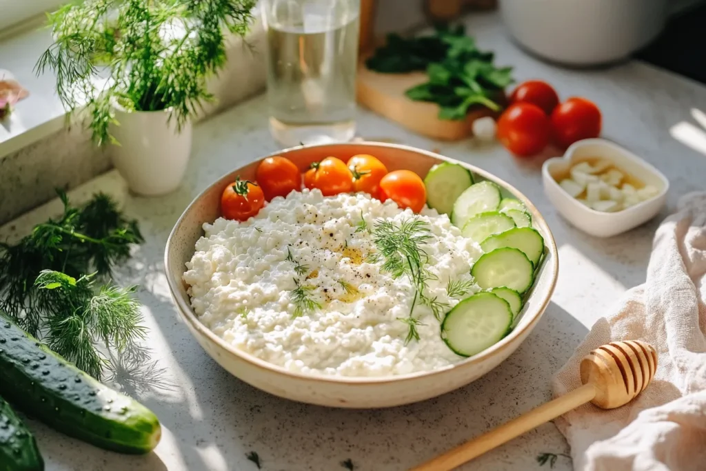 What can be mixed with cottage cheese – cucumbers, tomatoes, and dill