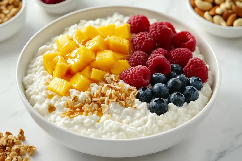 What can be mixed with cottage cheese – fresh fruit and nuts in a bowl