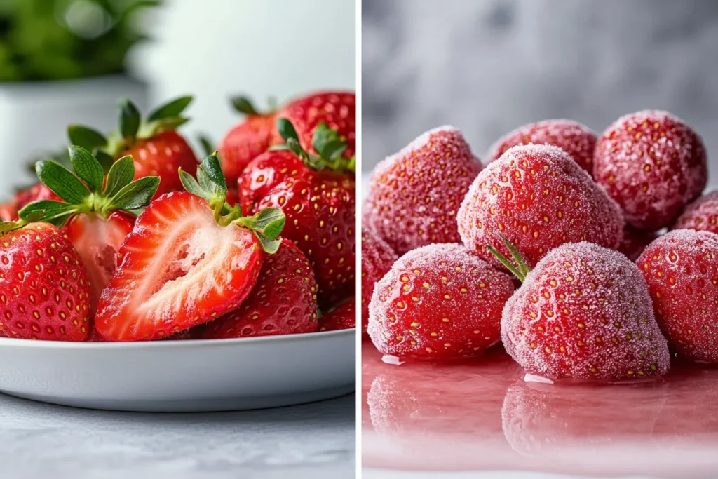 Fresh strawberries and frozen strawberries side by side.