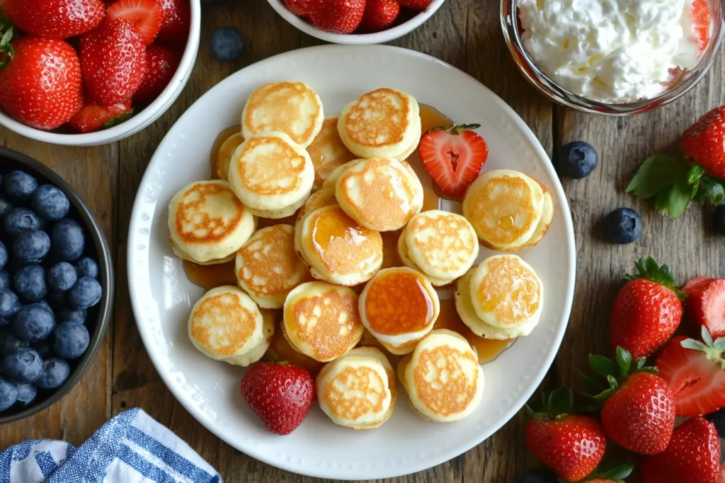 Golden mini pancakes with strawberries and blueberries.