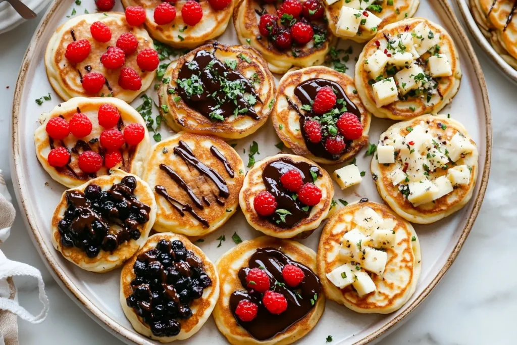 Mini pancakes with various sweet and savory toppings.