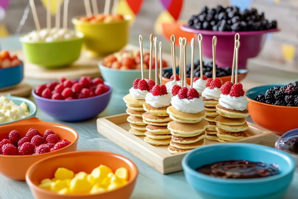 Mini pancake skewers with whipped cream and raspberries at a colorful party table.