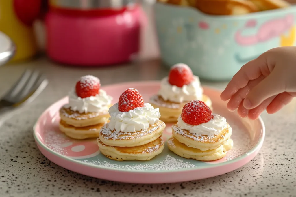 Mini pancakes with whipped cream and strawberries.