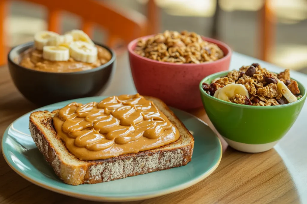 Breakfast ideas with natural peanut butter on toast and granola.