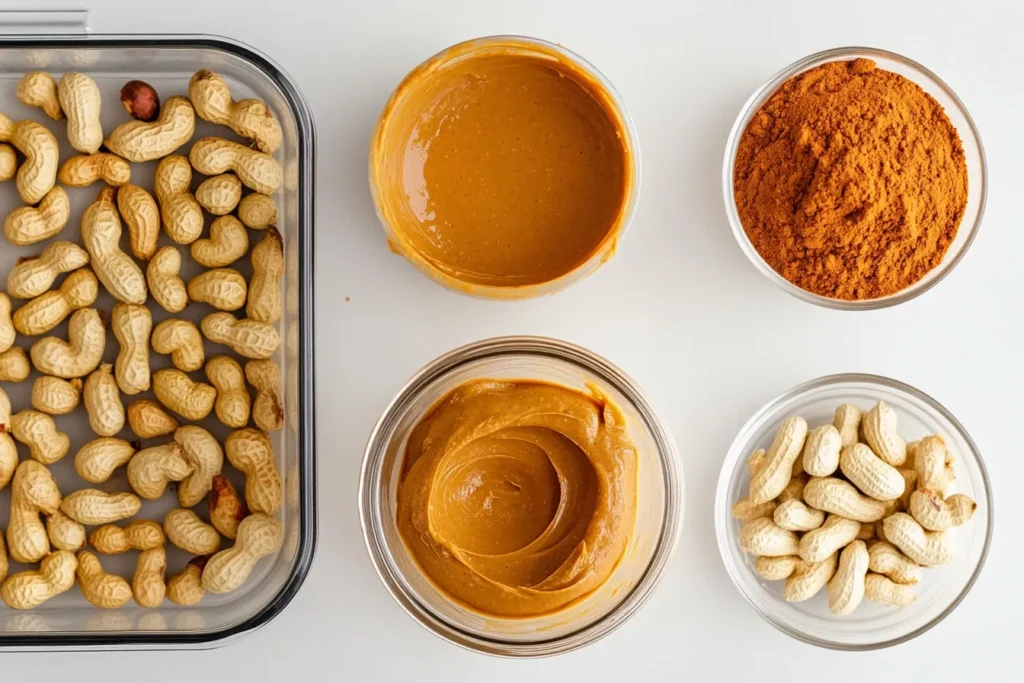 Ingredients for making natural peanut butter, including roasted peanuts and smooth peanut butter.