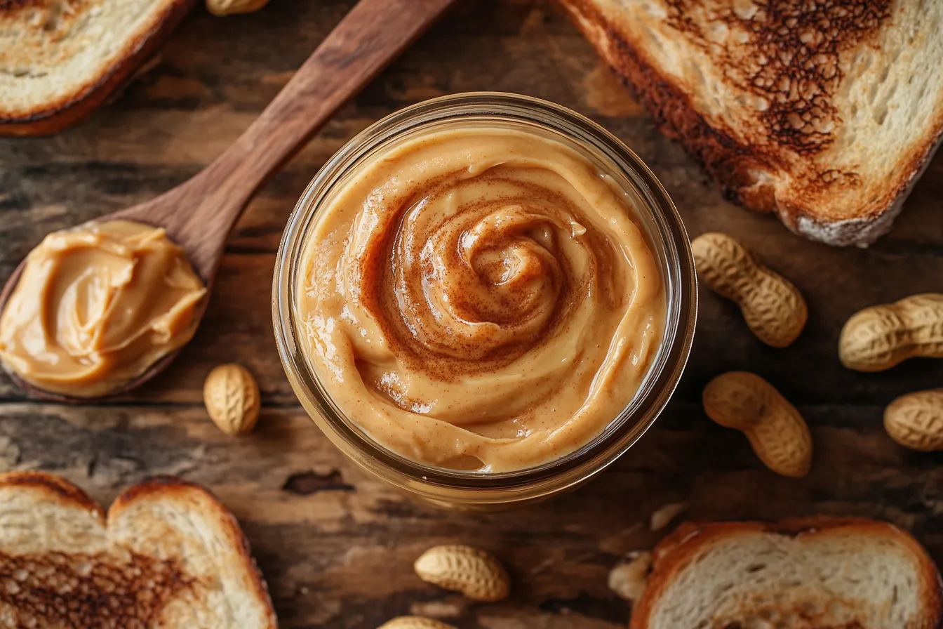 Natural peanut butter in a jar with toasted bread and peanuts.