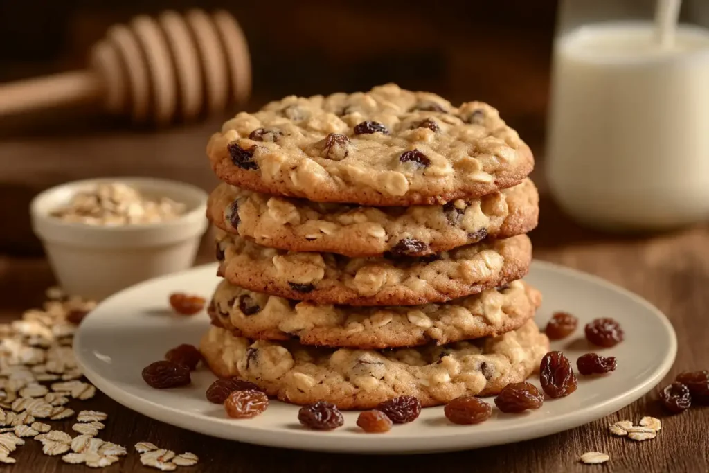 Quaker oatmeal cookie recipe with freshly baked cookies stacked on a plate.