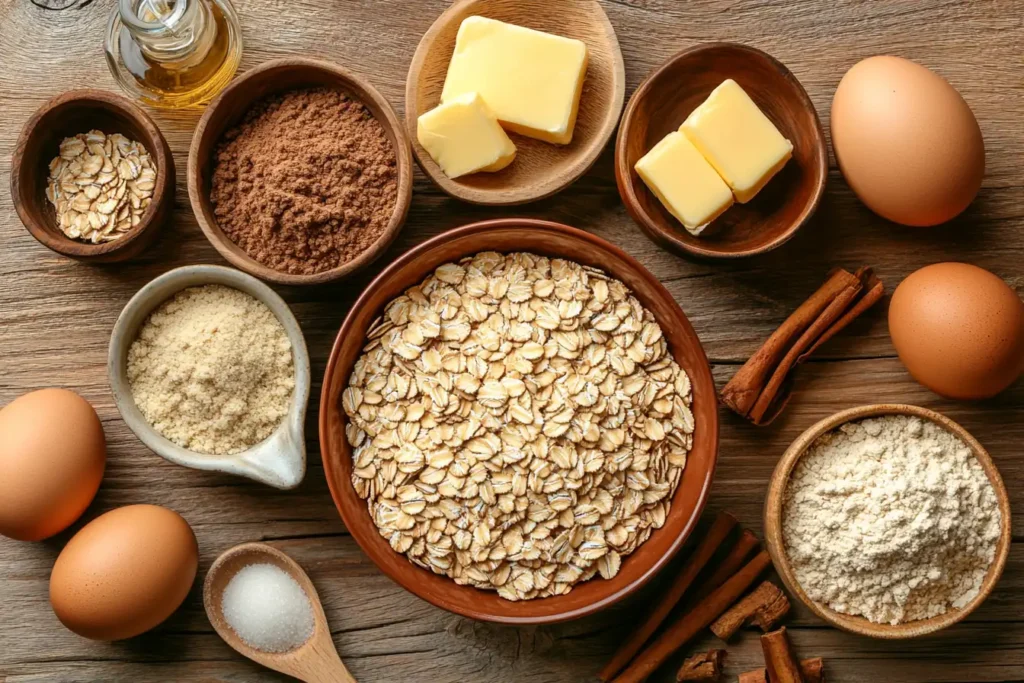 Ingredients for Quaker oatmeal cookie recipe, including oats, butter, sugar, and eggs.