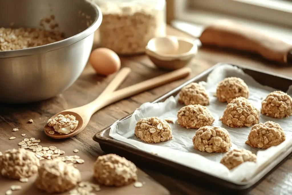 Step-by-step preparation for Quaker oatmeal cookie recipe with dough on a baking tray.