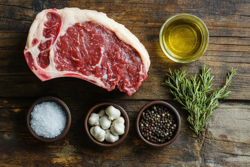 Essential ingredients for a ribeye roast recipe, including ribeye, salt, garlic, pepper, rosemary, and olive oil.