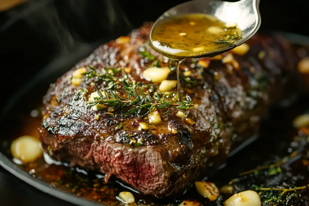 Ribeye roast recipe with herb-infused butter being basted over the meat.