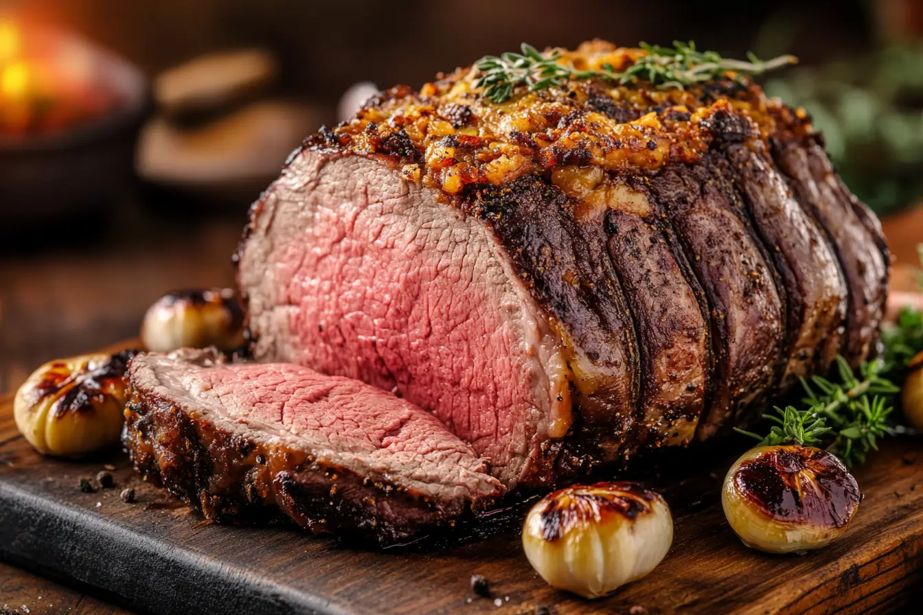 Perfectly cooked ribeye roast recipe with a golden crust and juicy pink center.