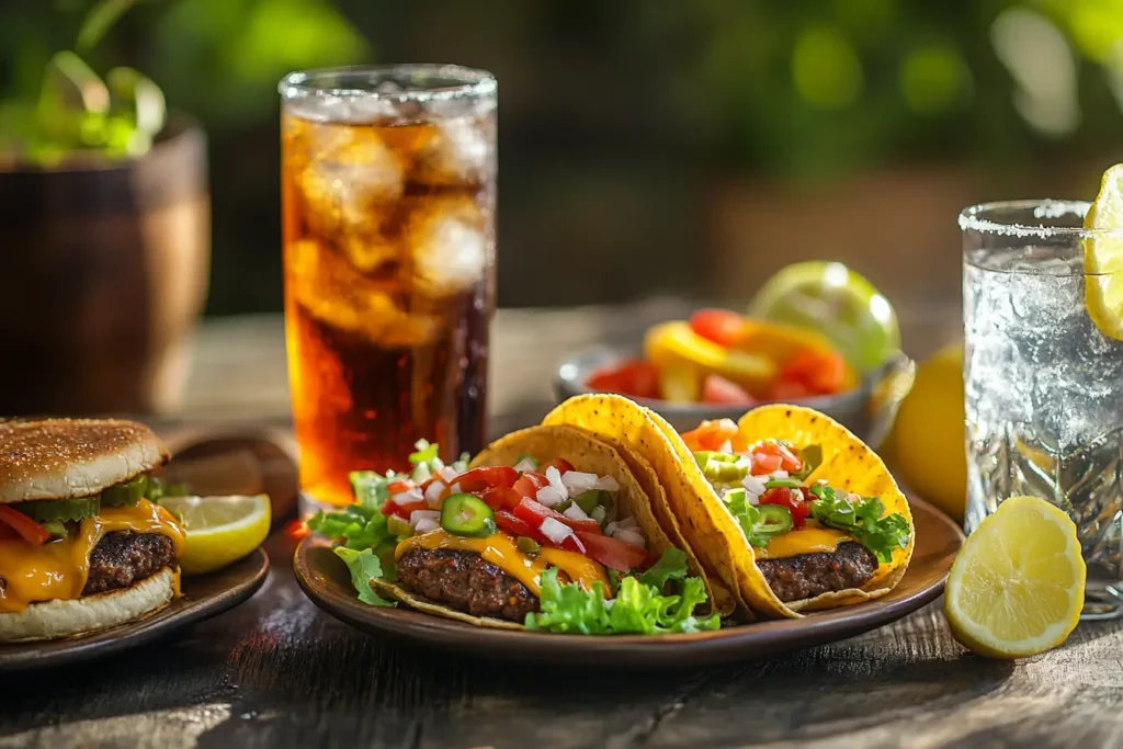 Smash Burger Tacos served with refreshing drinks on a rustic table