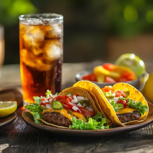 Smash Burger Tacos served with refreshing drinks on a rustic table